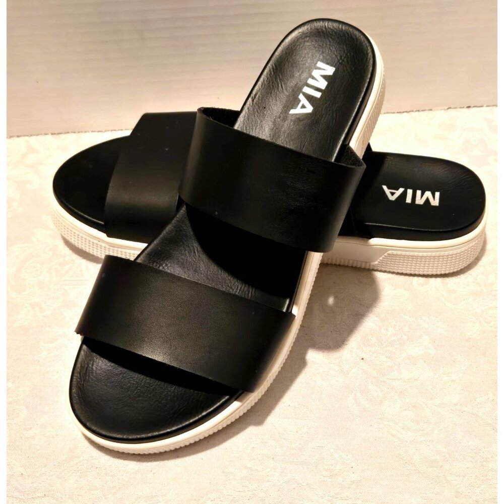Mia Black Leather 2 Wide Strap Platform Sandals, Women's 8, Casual Chic